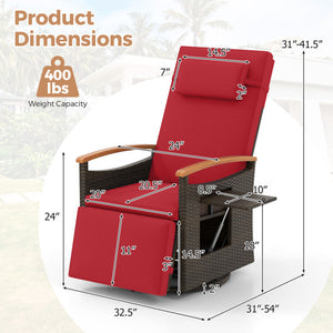 Patio Rattan 360° Swivel Recliner Chair with Adjustable Backrest and Footrest-Red