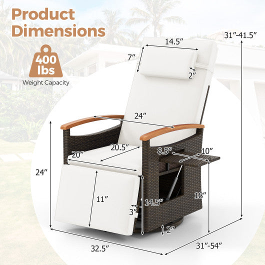 Patio Rattan 360° Swivel Recliner Chair with Adjustable Backrest and Footrest-White