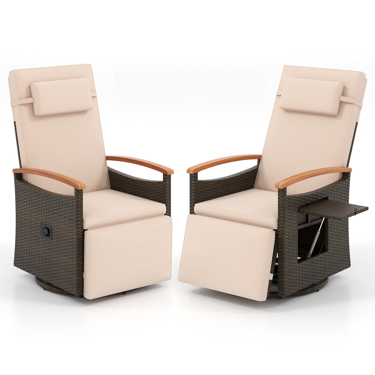 Patio Rattan 360Â° Swivel Recliner Chair with Adjustable Backrest and Footrest-Beige