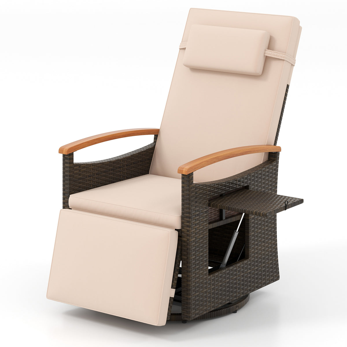 Patio Rattan 360Â° Swivel Recliner Chair with Adjustable Backrest and Footrest-Beige