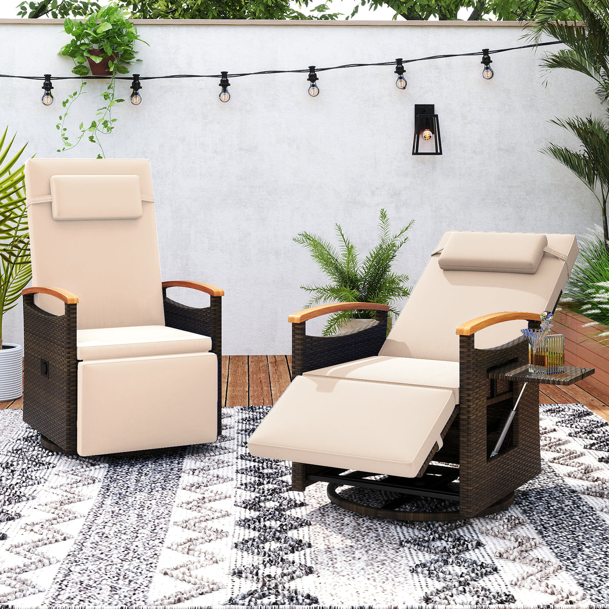 Patio Rattan 360Â° Swivel Recliner Chair with Adjustable Backrest and Footrest-Beige