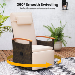 Patio Rattan 360Â° Swivel Recliner Chair with Adjustable Backrest and Footrest-Beige