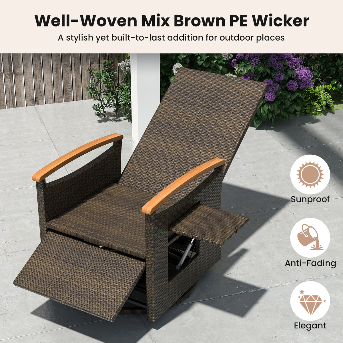 Patio Rattan 360Â° Swivel Recliner Chair with Adjustable Backrest and Footrest-Beige