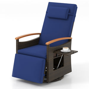 Patio Rattan 360Â° Swivel Recliner Chair with Adjustable Backrest and Footrest-Navy