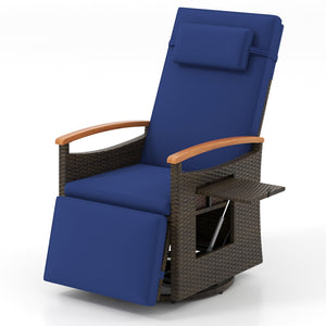 Patio Rattan 360Â° Swivel Recliner Chair with Adjustable Backrest and Footrest-Navy