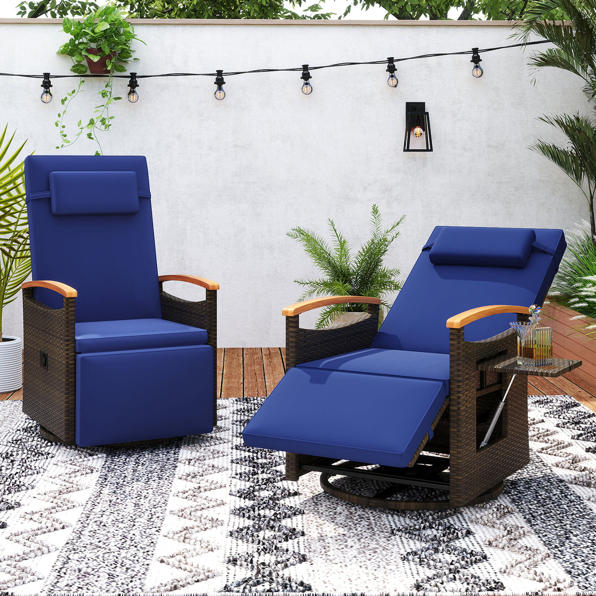 Patio Rattan 360Â° Swivel Recliner Chair with Adjustable Backrest and Footrest-Navy