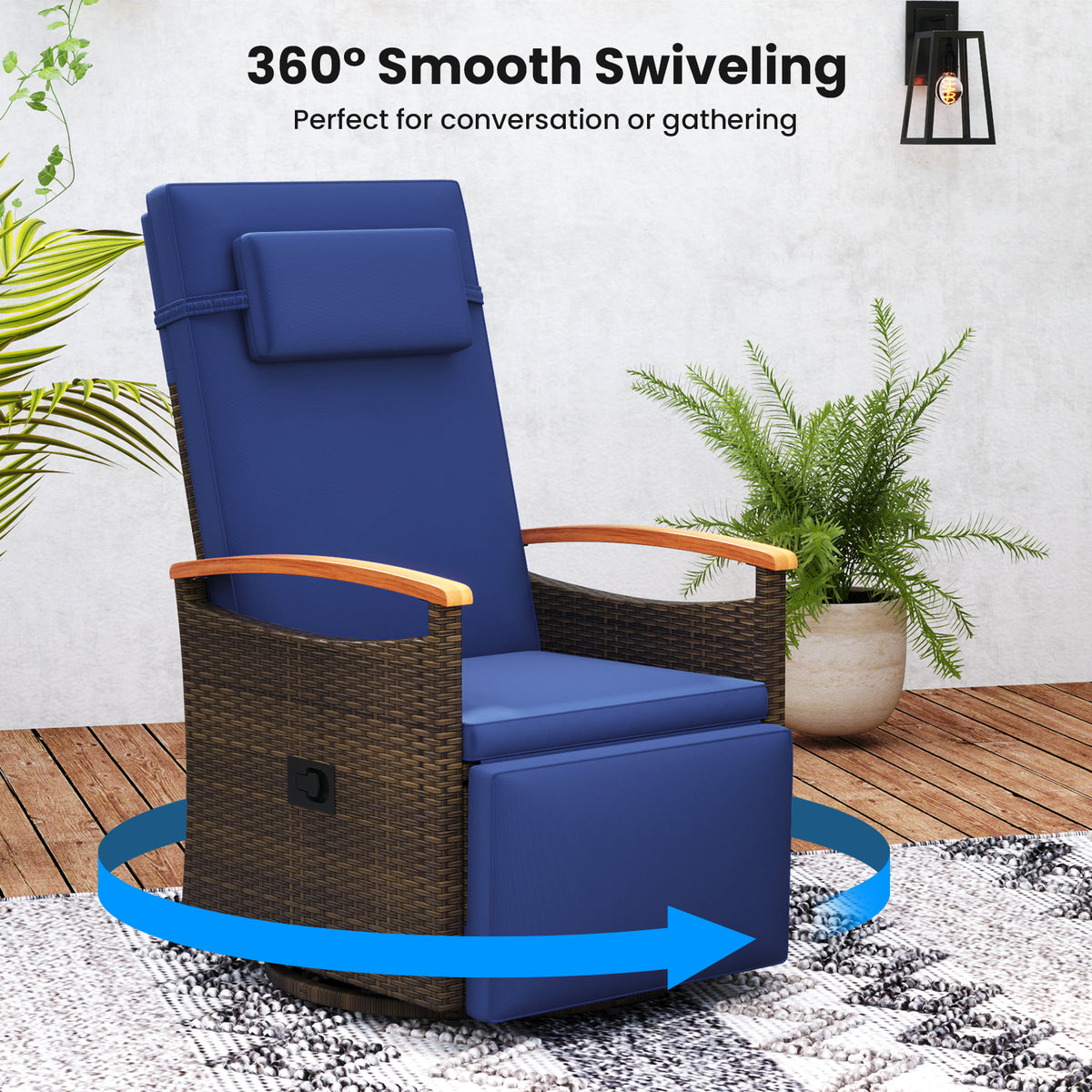 Patio Rattan 360Â° Swivel Recliner Chair with Adjustable Backrest and Footrest-Navy