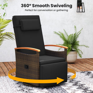 Patio Rattan 360Â° Swivel Recliner Chair with Adjustable Backrest and Footrest-Black