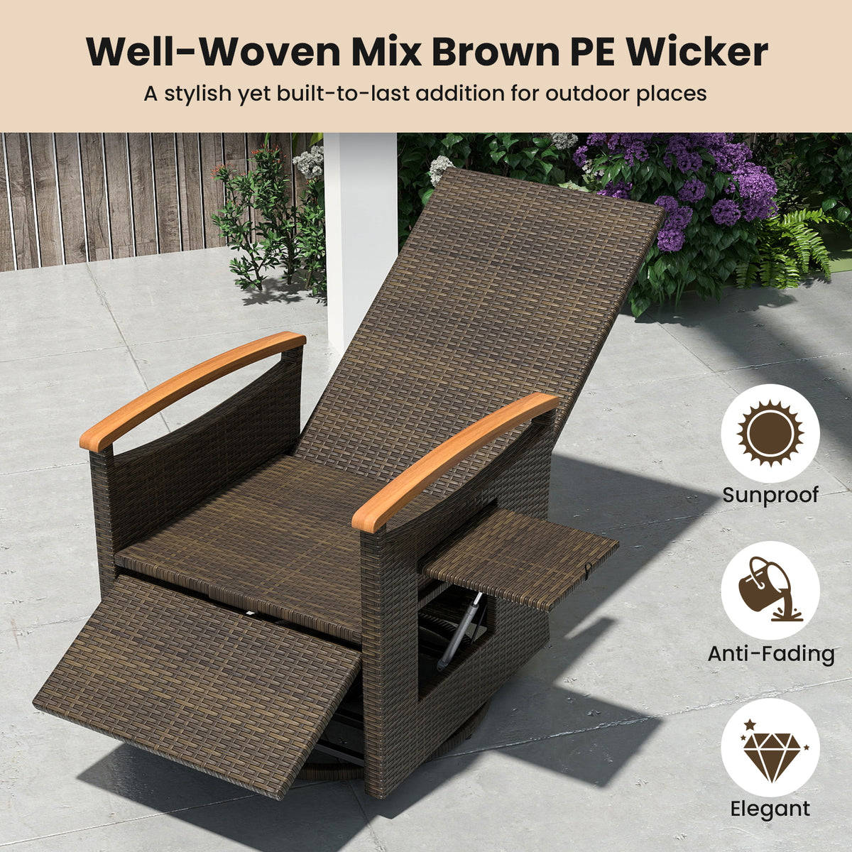 Patio Rattan 360Â° Swivel Recliner Chair with Adjustable Backrest and Footrest-Black