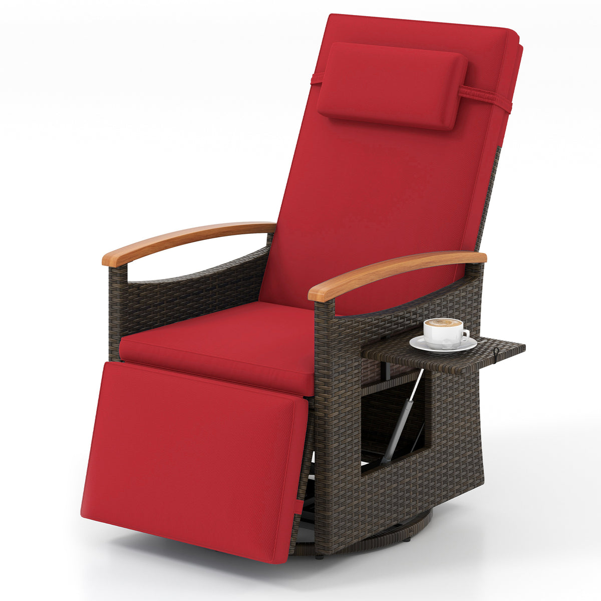 Patio Rattan 360Â° Swivel Recliner Chair with Adjustable Backrest and Footrest-Red