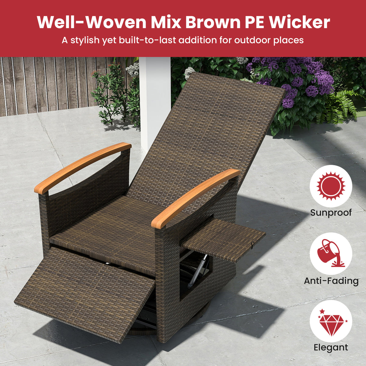 Patio Rattan 360Â° Swivel Recliner Chair with Adjustable Backrest and Footrest-Red