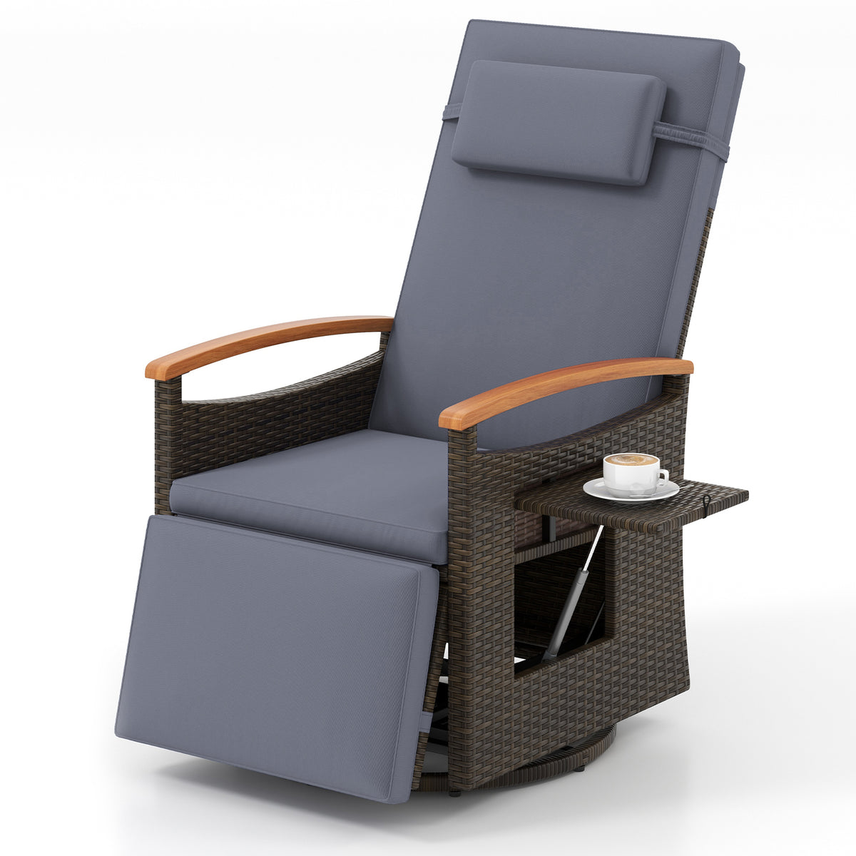 Patio Rattan 360Â° Swivel Recliner Chair with Adjustable Backrest and Footrest-Gray