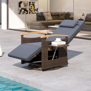 Patio Rattan 360Â° Swivel Recliner Chair with Adjustable Backrest and Footrest-Gray