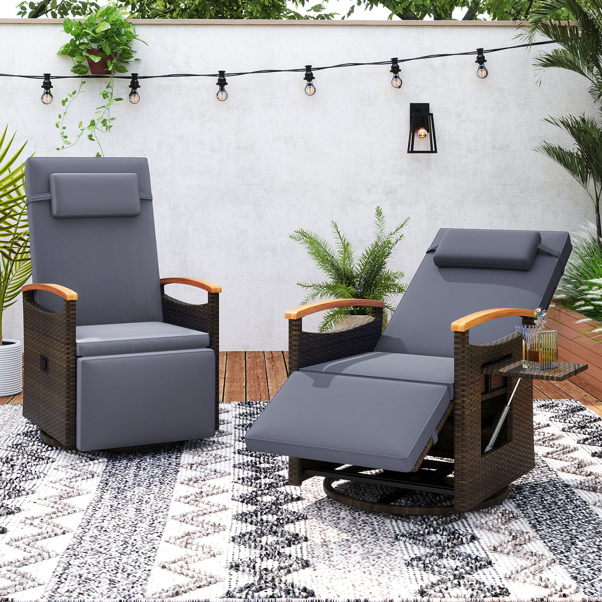 Patio Rattan 360Â° Swivel Recliner Chair with Adjustable Backrest and Footrest-Gray
