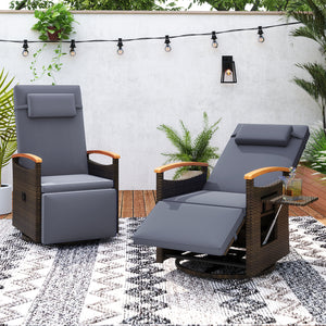 Patio Rattan 360Â° Swivel Recliner Chair with Adjustable Backrest and Footrest-Gray
