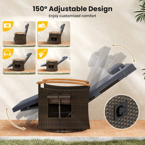 Patio Rattan 360Â° Swivel Recliner Chair with Adjustable Backrest and Footrest-Gray