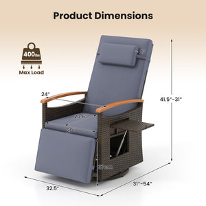 Patio Rattan 360Â° Swivel Recliner Chair with Adjustable Backrest and Footrest-Gray
