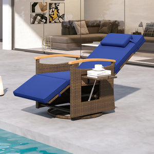 Set of 2 Patio Rattan 360Â° Swivel Recliner Chair with Adjustable Backrest and Footrest-Navy