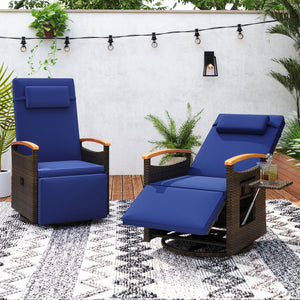 Set of 2 Patio Rattan 360Â° Swivel Recliner Chair with Adjustable Backrest and Footrest-Navy