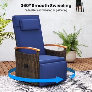 Set of 2 Patio Rattan 360Â° Swivel Recliner Chair with Adjustable Backrest and Footrest-Navy
