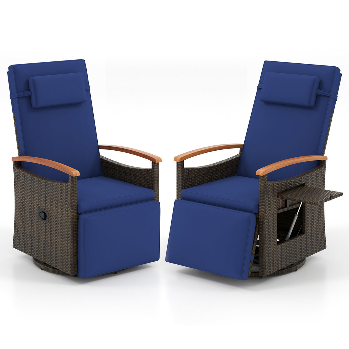 Set of 2 Patio Rattan 360Â° Swivel Recliner Chair with Adjustable Backrest and Footrest-Navy