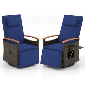 Set of 2 Patio Rattan 360Â° Swivel Recliner Chair with Adjustable Backrest and Footrest-Navy