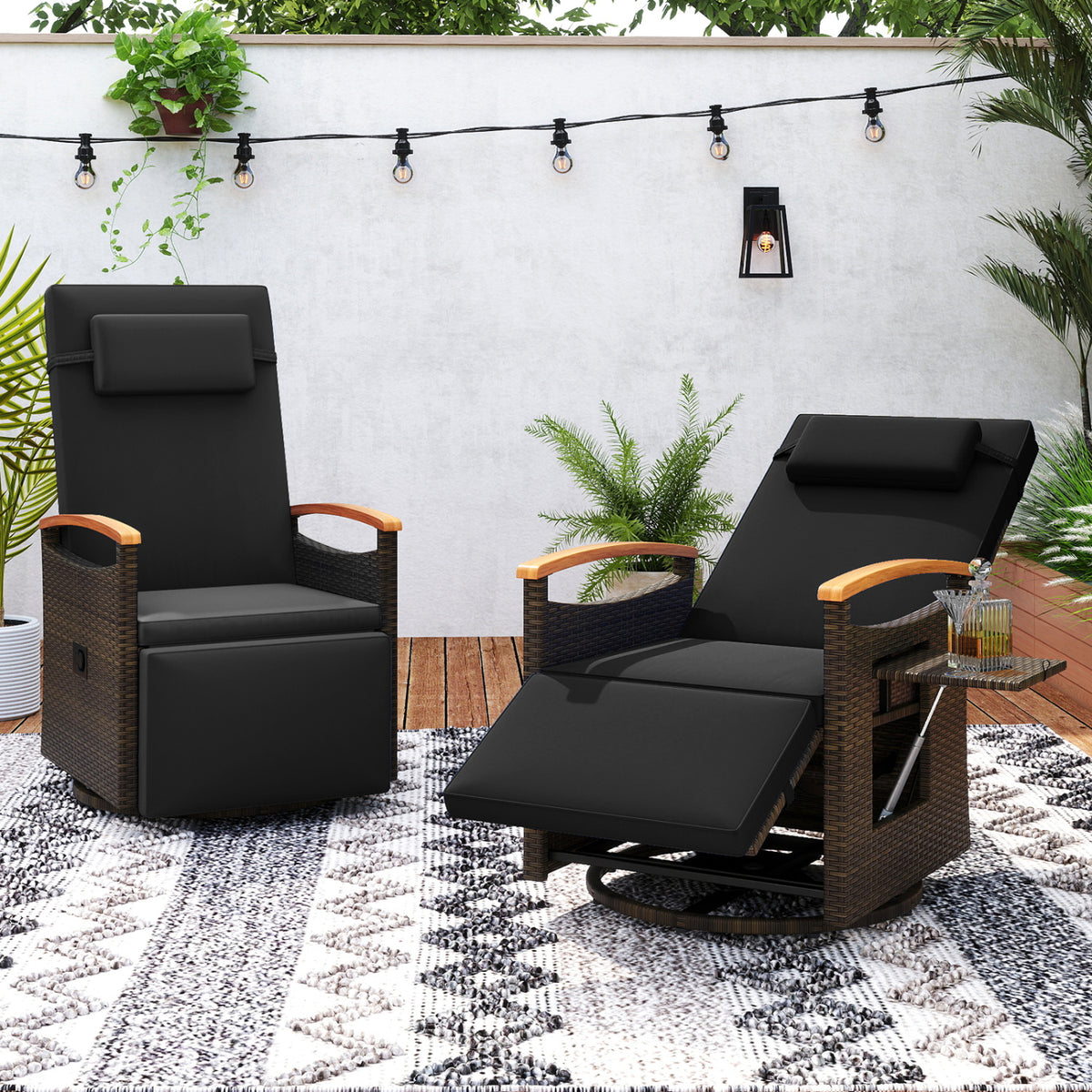 Set of 2 Patio Rattan 360Â° Swivel Recliner Chair with Adjustable Backrest and Footrest-Black