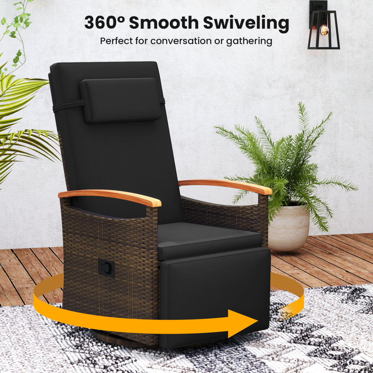Set of 2 Patio Rattan 360Â° Swivel Recliner Chair with Adjustable Backrest and Footrest-Black