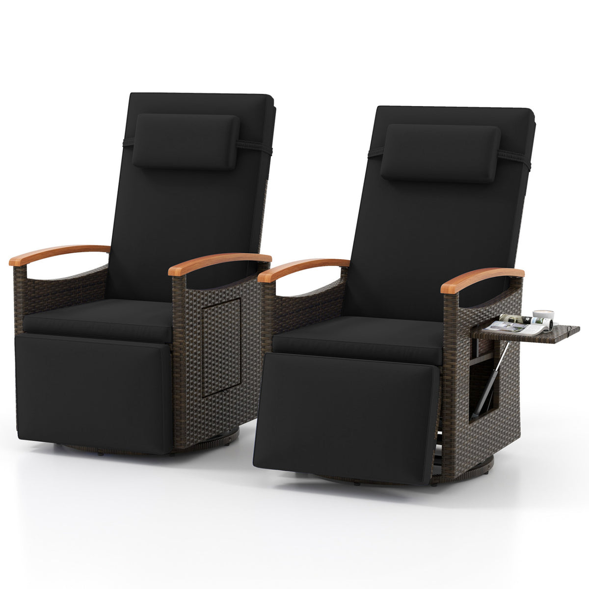 Set of 2 Patio Rattan 360Â° Swivel Recliner Chair with Adjustable Backrest and Footrest-Black
