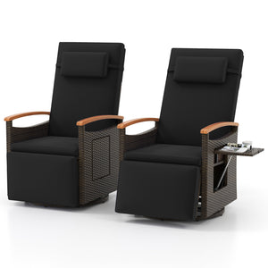 Set of 2 Patio Rattan 360Â° Swivel Recliner Chair with Adjustable Backrest and Footrest-Black