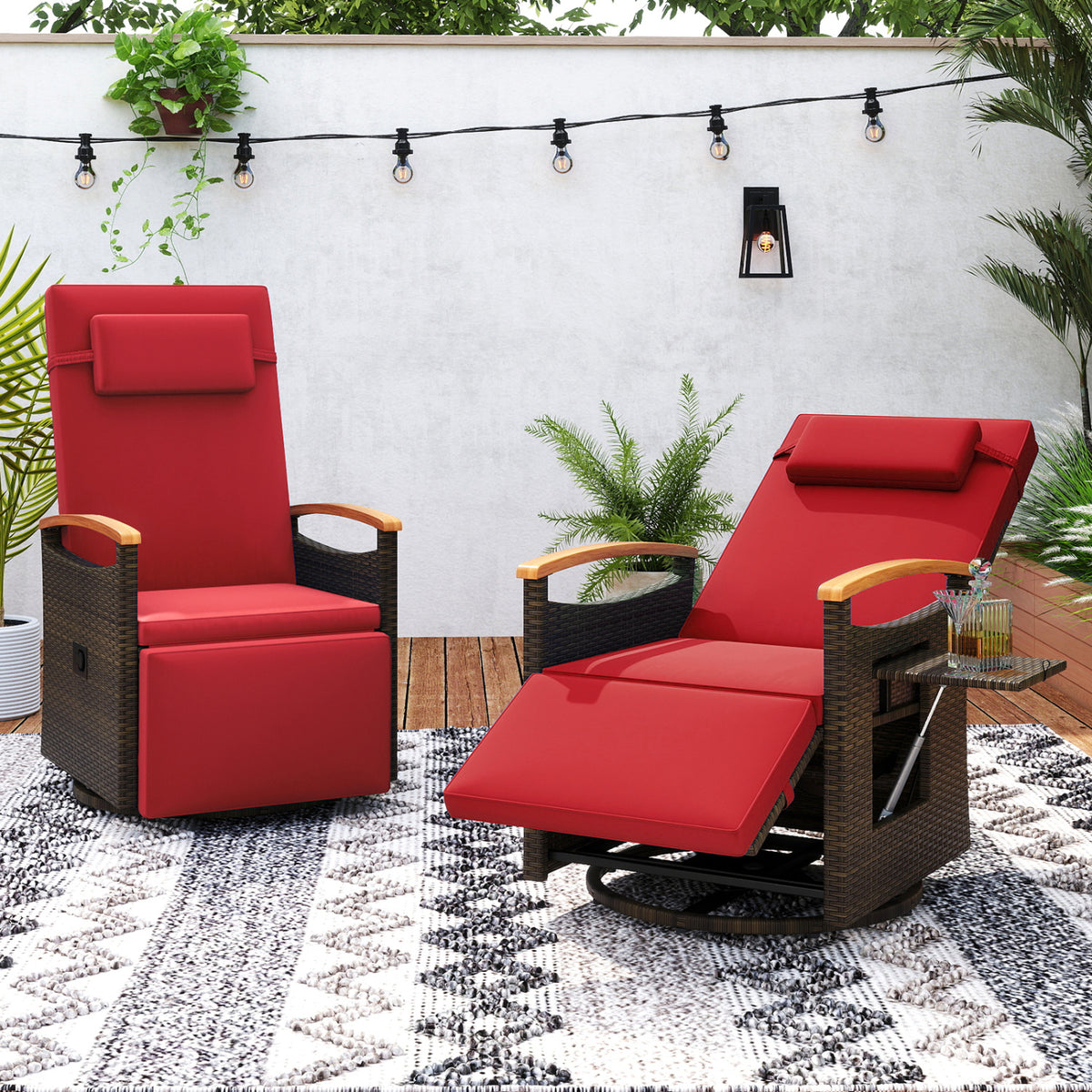Set of 2 Patio Rattan 360Â° Swivel Recliner Chair with Adjustable Backrest and Footrest-Red