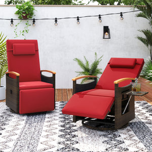 Set of 2 Patio Rattan 360Â° Swivel Recliner Chair with Adjustable Backrest and Footrest-Red