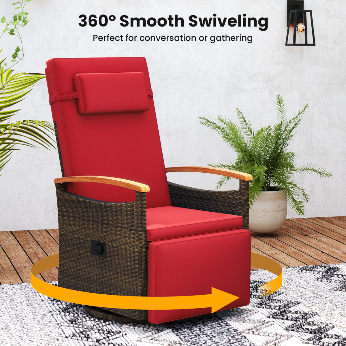 Set of 2 Patio Rattan 360Â° Swivel Recliner Chair with Adjustable Backrest and Footrest-Red