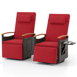 Set of 2 Patio Rattan 360Â° Swivel Recliner Chair with Adjustable Backrest and Footrest-Red