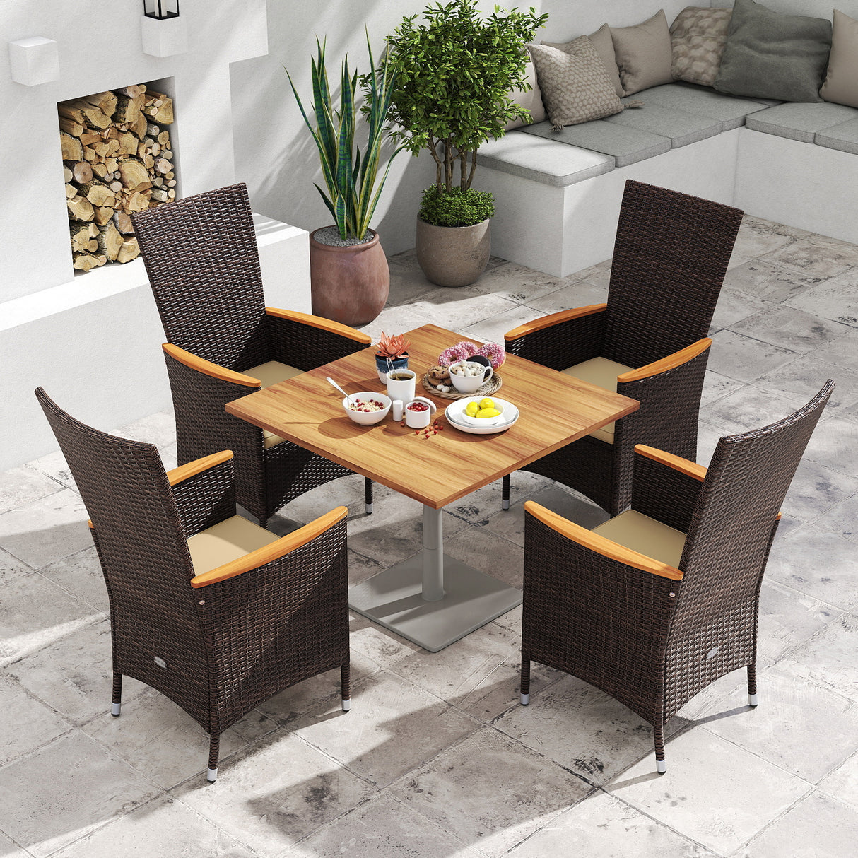 Patio Rattan Chairs Set of 4 Outdoor Wicker Dining Chairs with High Backrest-Beige