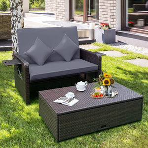 Patio Rattan Daybed with 4-Level Adjustable Backrest and Retractable Side Tray-Gray