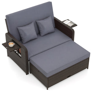Patio Rattan Daybed with 4-Level Adjustable Backrest and Retractable Side Tray-Gray
