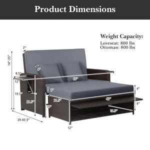 Patio Rattan Daybed with 4-Level Adjustable Backrest and Retractable Side Tray-Gray