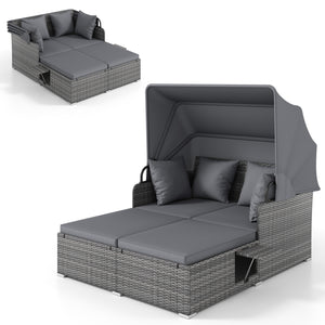 Patio Rattan Daybed with Retractable Canopy and Side Tables-Mix Gray
