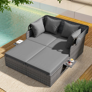 Patio Rattan Daybed with Retractable Canopy and Side Tables-Mix Gray