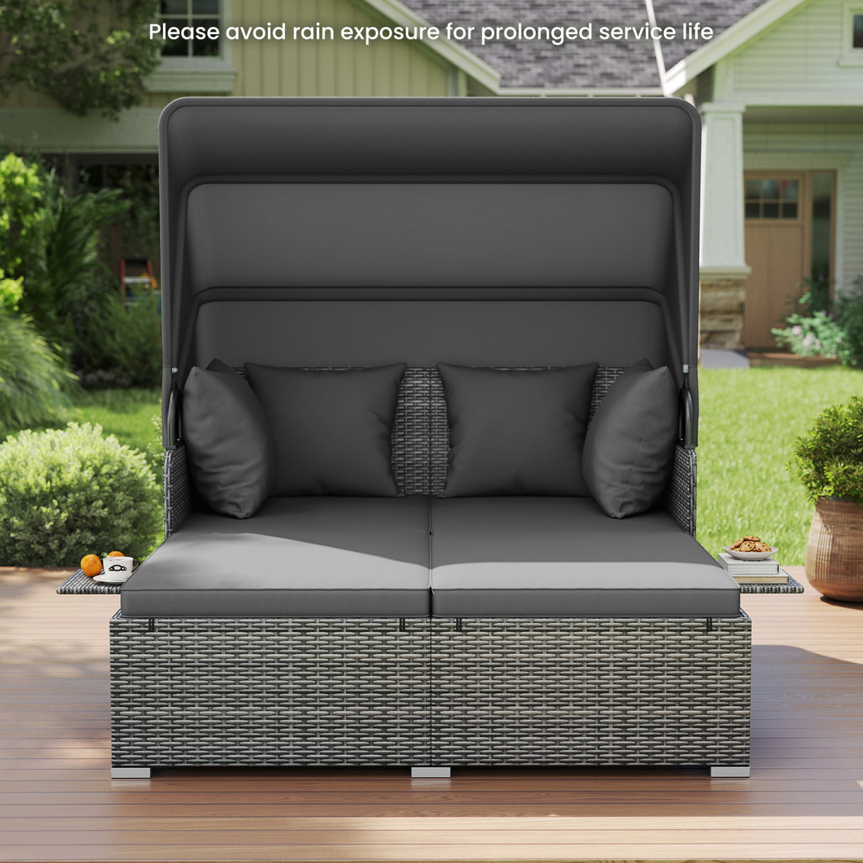 Patio Rattan Daybed with Retractable Canopy and Side Tables-Mix Gray
