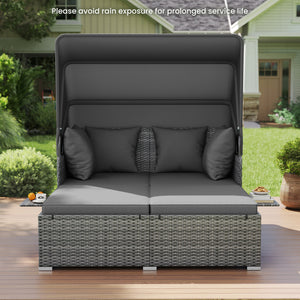 Patio Rattan Daybed with Retractable Canopy and Side Tables-Mix Gray