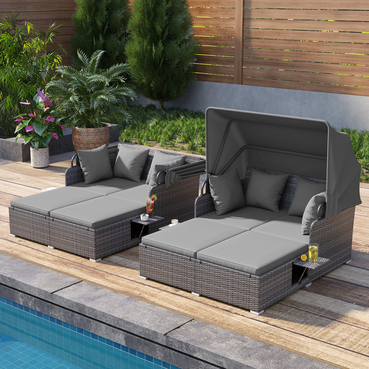 Patio Rattan Daybed with Retractable Canopy and Side Tables-Mix Gray