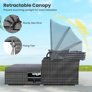 Patio Rattan Daybed with Retractable Canopy and Side Tables-Mix Gray