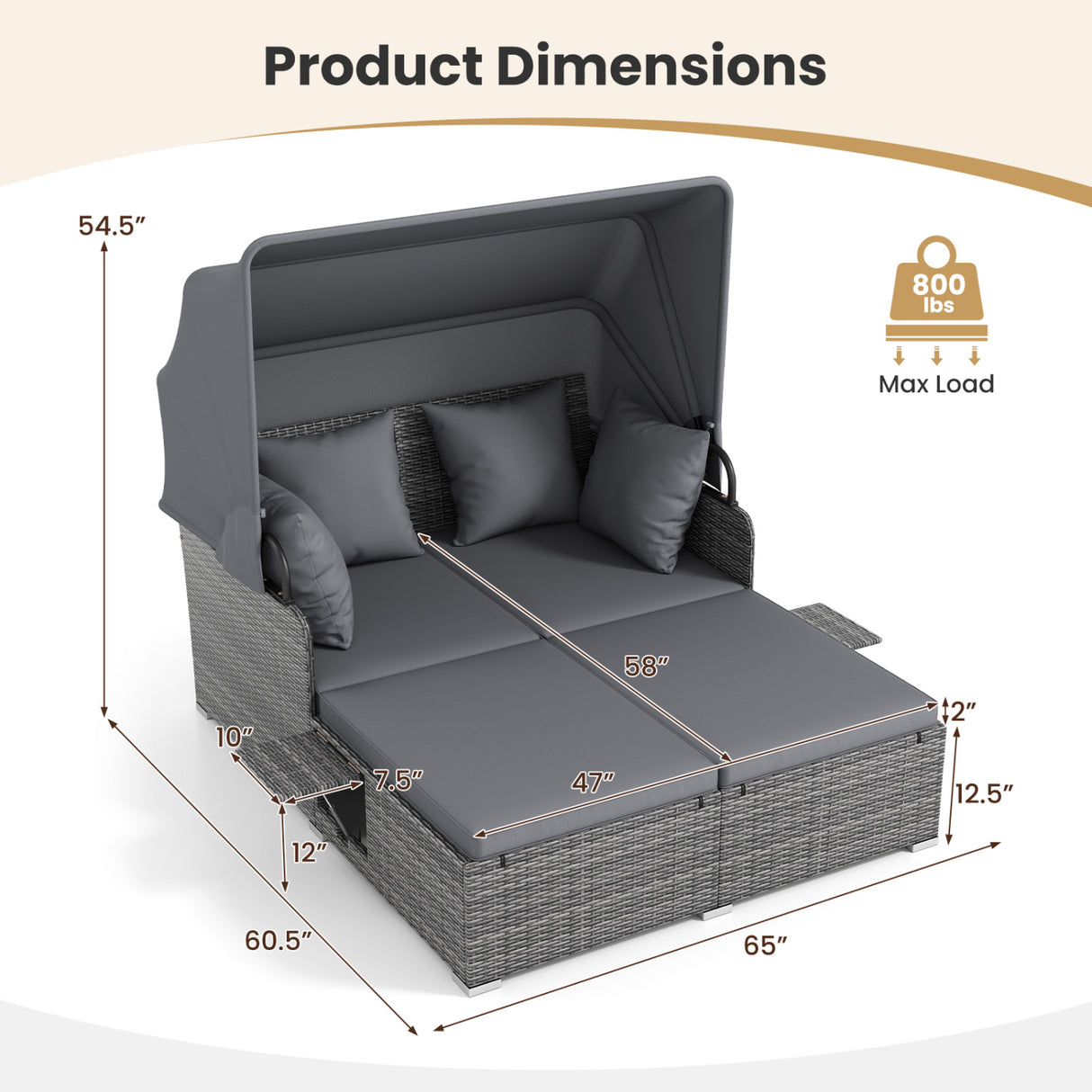 Patio Rattan Daybed with Retractable Canopy and Side Tables-Mix Gray