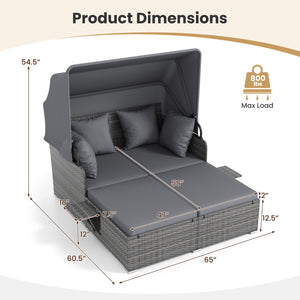 Patio Rattan Daybed with Retractable Canopy and Side Tables-Mix Gray