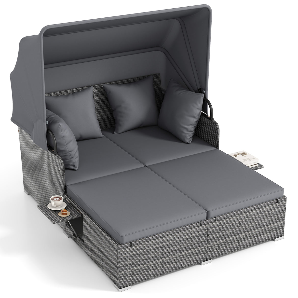 Patio Rattan Daybed with Retractable Canopy and Side Tables-Mix Gray