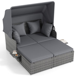 Patio Rattan Daybed with Retractable Canopy and Side Tables-Mix Gray