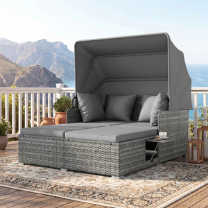 Patio Rattan Daybed with Retractable Canopy and Side Tables-Mix Gray