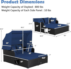 Patio Rattan Daybed with Retractable Canopy and Side Tables-Navy